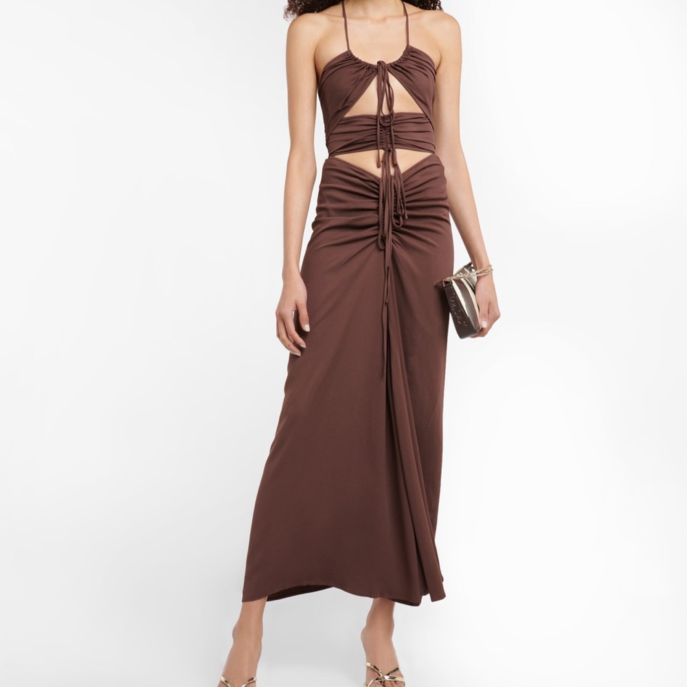 Christopher Esber Strapless Brown Ruched Cutout Maxi Dress